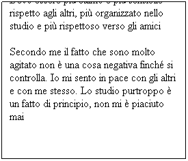 Casella di testo: Devo essere più calmo e più sensibile rispetto agli altri, più organizzato nello studio e più rispettoso verso gli amici
Secondo me il fatto che sono molto agitato non è una cosa negativa finché si controlla. Io mi sento in pace con gli altri e con me stesso. Lo studio purtroppo è un fatto di principio, non mi è piaciuto mai 
