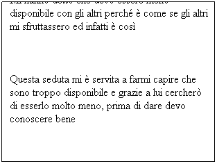 Casella di testo: Mi hanno detto che devo essere meno disponibile con gli altri perché è come se gli altri mi sfruttassero ed infatti è così
 
Questa seduta mi è servita a farmi capire che sono troppo disponibile e grazie a lui cercherò di esserlo molto meno, prima di dare devo conoscere bene
 
 
